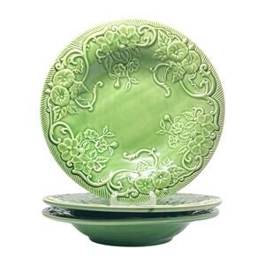 Bordallo Pinheiro “Flowers (Green)” Set of 3 Ceramic Rim Soup Bowls 9 3/8”